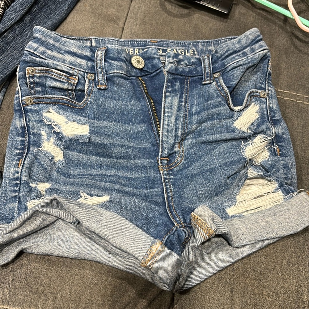 American Eagle denim shorts- curvy hi rise shortie.  Next level stretch